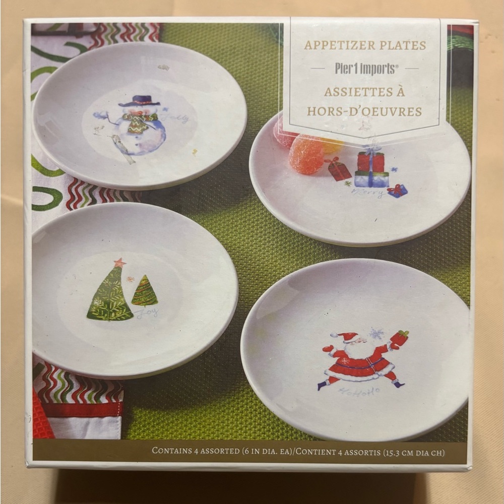 Pier 1 Imports Christmas Appetizer 4 Plates Holiday Theme 6” Santa, Snowman Flaw